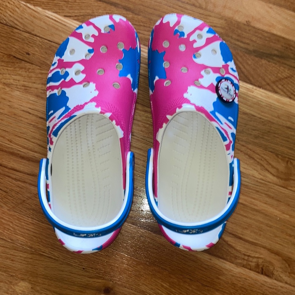 CROCS  Treasure Island , Pink, Blue, and White Camo Sandals